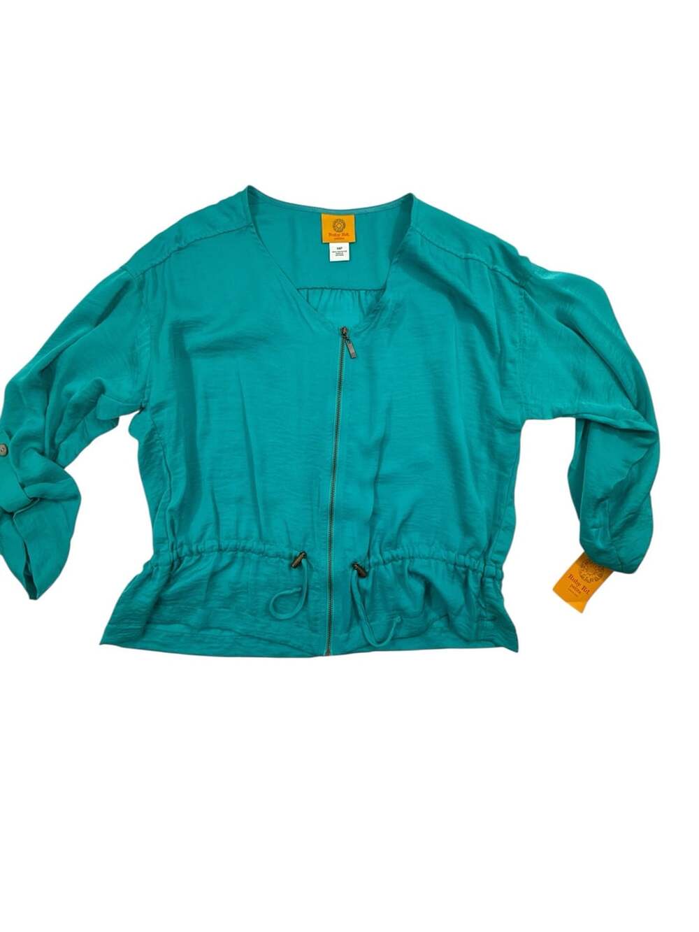 Ruby Rd 14 Petite Turquoise Full Zip Drawstring Waist Roll Tab Blouse Jacket